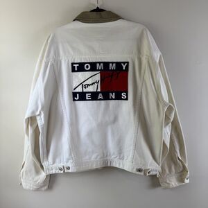 Vintage 90s Tommy Hilfiger Big Flag Patch White Denim Jacket Corduroy Collar, XL
